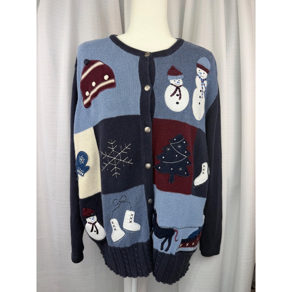Holiday Lodge NorthCrest Winter Snowman Patchwork Cardigan Sweater 14W/16W (1X)